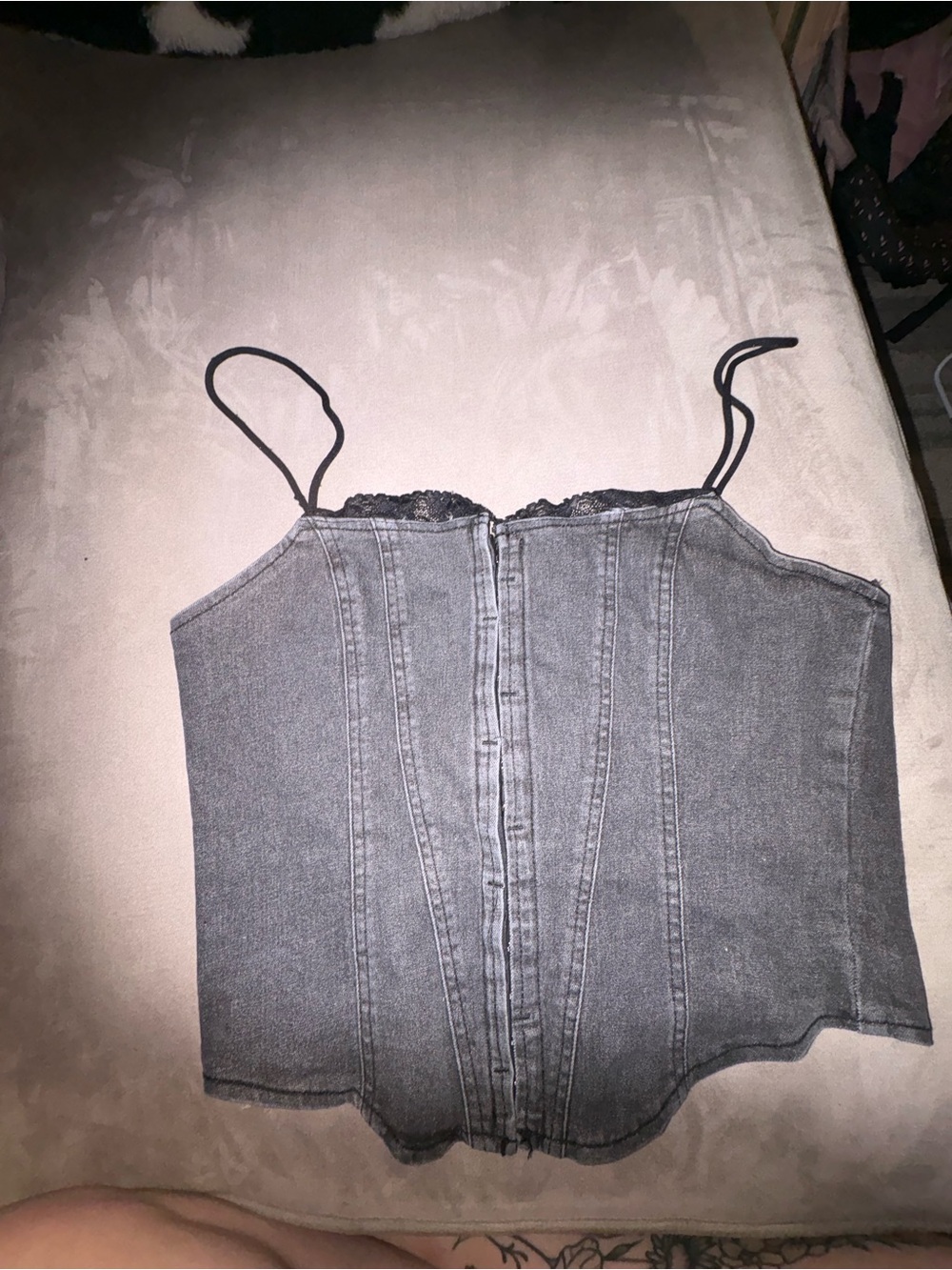 Gray Denim Corset Crop Top with Lace Trim